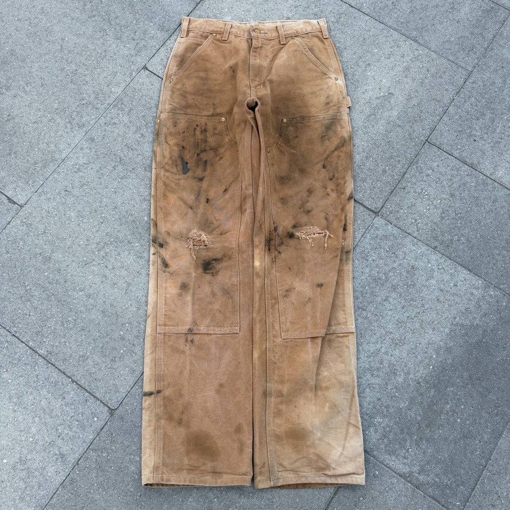 Vintage Carhartt Double Knee Work Pants Made in USA Distressed Tan 29x32